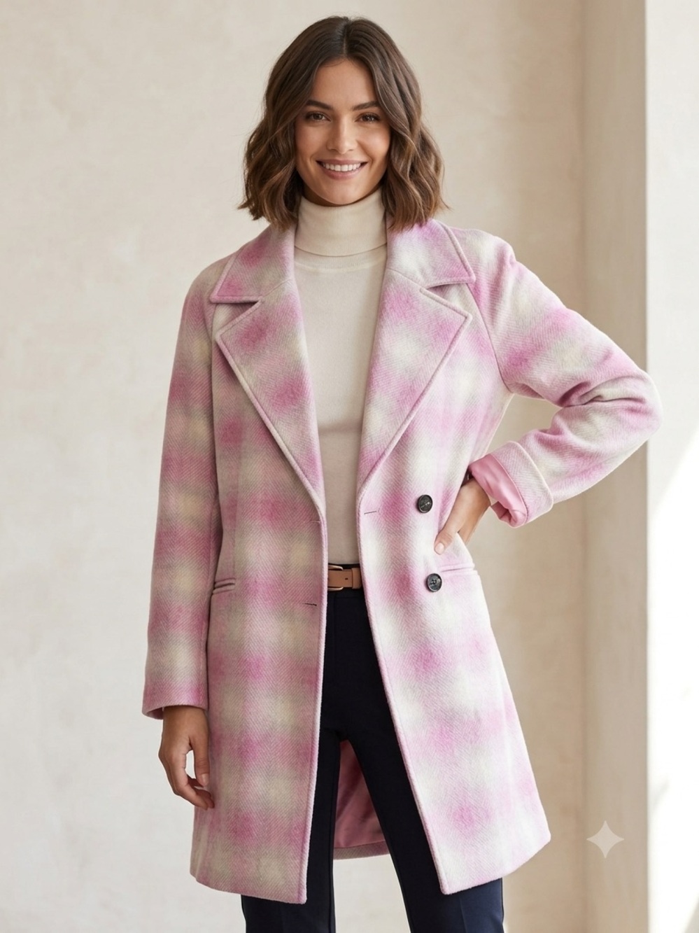 NWT Avec Les Filles Dusty Pink Plaid Longline Coat - Size L